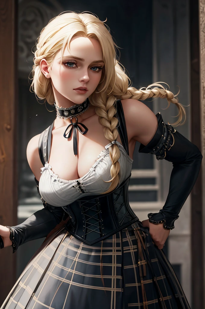 cowboy shot of beautiful blonde lady, braid, black corset, choker, white ornate dreass, plaid skirt  