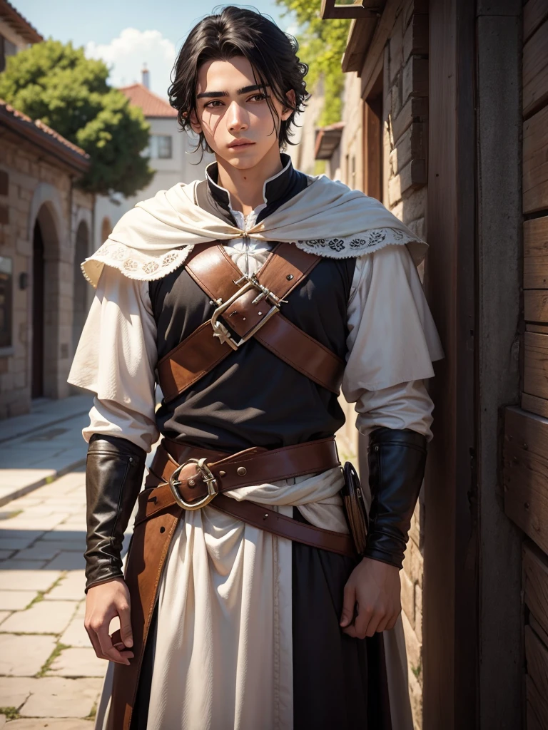 18 year old young man, medieval clothing, black hair, black eyes, white skin, realistic skin