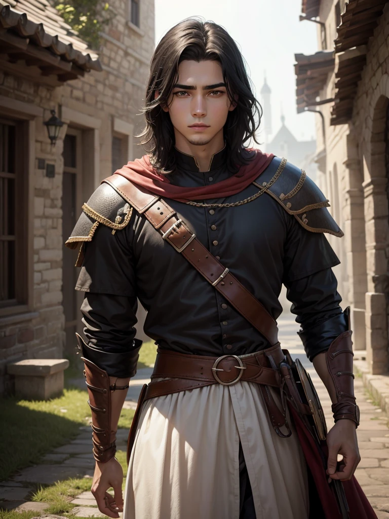 18 year old young man, medieval clothing, black hair, black eyes, white skin, realistic skin