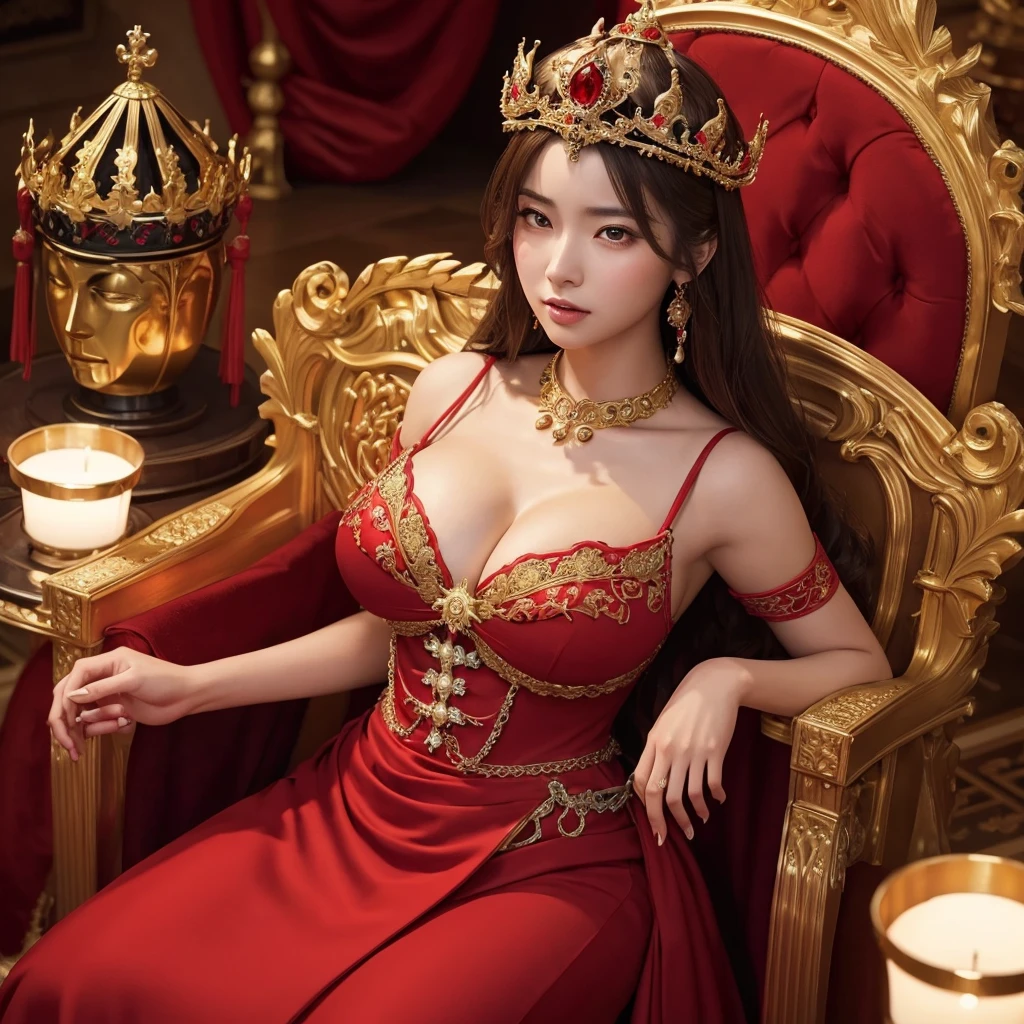 a woman with exaggerated large breasts, confident sitting on a throne, wearing a gorgeous red dress, a large ornate crown on her head, looking down at the viewer, detailed facial features, hyper-realistic, 8k, ultra-detailed, photorealistic, masterpiece, dramatic lighting, cinematic, oil painting、She is a Japanese woman、She is protected by the knights.