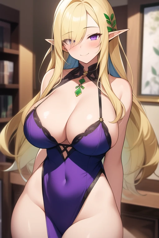 ((Best Quality)), ((Masterpiece)), (detailed), 1 girl, Pastel yellow hair, long hair, hair covers one eye, purple eyes, tight, big breasts, big thighs, expression smiling shy, dressed as an elf