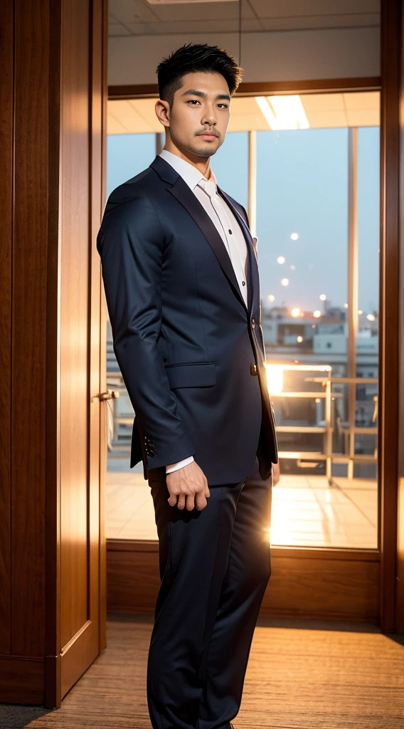 (realistically, Masterpiece, High resolution 8K, good light quality, Portrait, closed on face, complicated details), Handsome Korean Uncle (full body:1.2), Beard,Age 40, Staring at desire, detailed face, Detailed eyes, look at the sky, shirt, suit lac suit,tick,黑Eyes, (Pale skin), body standards,brown hair, smooth hair,Big Back, Outdoor activities, evening, sunset,office room, Exaggerated, impersonal