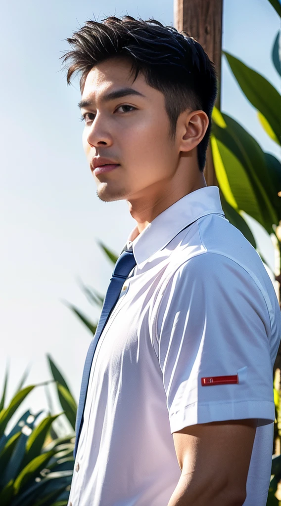 (realistically, Masterpiece, High resolution 8K, good light quality, Portrait, closed on face, complicated details), Handsome Korean Uncle (full body:1.2), Beard，Age 40, Staring at desire, detailed face, Detailed eyes, look at the sky, shirt, suit lac suit，tick,黑Eyes, (Pale skin), body standards,brown hair, smooth hair,Big Back， Outdoor activities, evening, sunset,office room, Exaggerated, impersonal