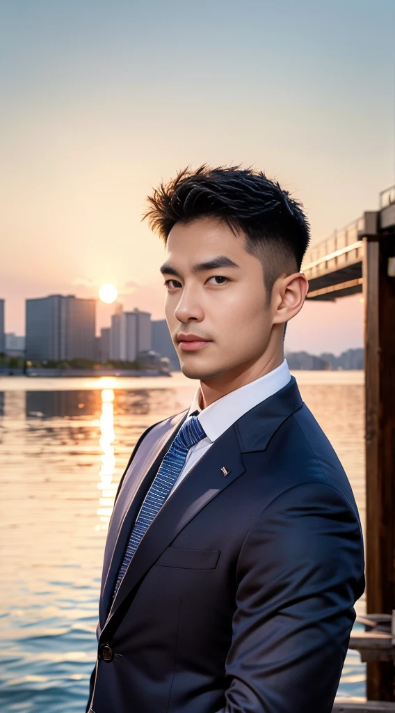 ((Highest quality, 8K, Masterpiece:1.3)),Thailand Laos Burma Asia,Thai man buzz haircut,A handsome Asian sport  short hair,a muscular beard,and big muscles.,１A man who has,yo,Good appearance,Beautiful nose,Detailed eyes and face,beautiful light,(studio),high resolution,(Look at the viewer.),Fine mouth,whole body:1.5,perfect shape:1.3,Picture of both shoulders:1.3,(t-shirt:1.2),black cargo pants,wristband,landscape,(The background is  Bokeh:1.2),on the sea,(fur-trimmed_jacket:1.2),