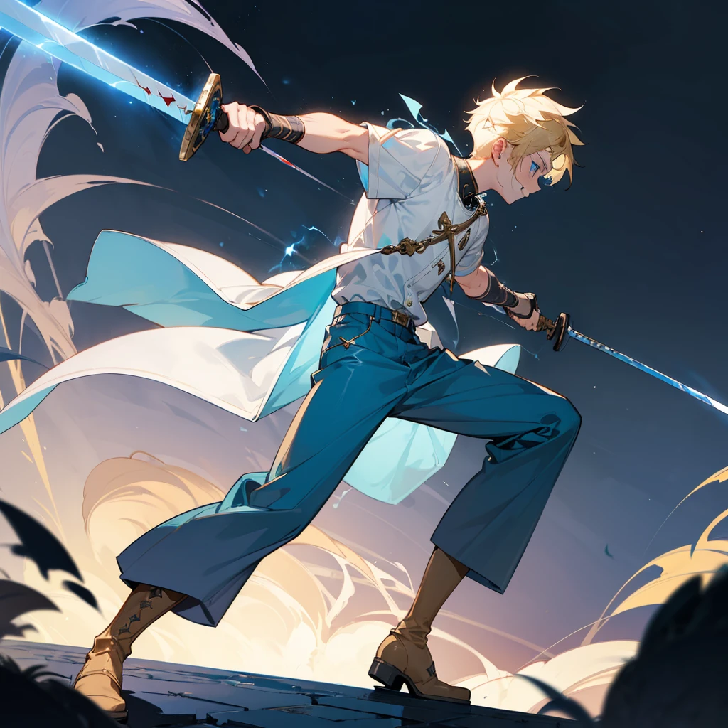 1character, Full body version, Viking boys, 1boys, albino skins, blue eyes, faux hawk hair, blonde colour hair, blue short sleeve shirt, blue trousers, boots, His clothes were full of blood, his face was flowing with blood, his hands were bleeding, he had wounds, his face was bleeding, his body was bleeding, ((long sword in hand, in a fighting pose, the long sword emits blue light, lightning flashes in the blade)), Grassroots, full background in a wide field, gusts of wind, the silhouette of moonlight, the moon, at night, the stars in the night sky