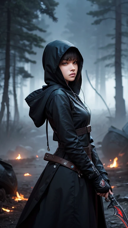 A female character in a hooded assassin's attire, standing confidently amidst a chaotic backdrop that suggests a scene of conflict or war. The character exudes a poised and determined demeanor, with her piercing gaze directed forward. She wields a flaming weapon in her right hand and a hidden blade ready on her left forearm, invoking a sense of preparedness and stealth ,fog ,black forest background