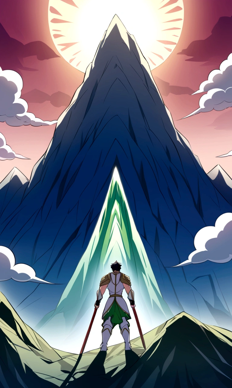 A sacred mountain，Blue, green and white，Fall，landscape，The back of the warrior，Anime style