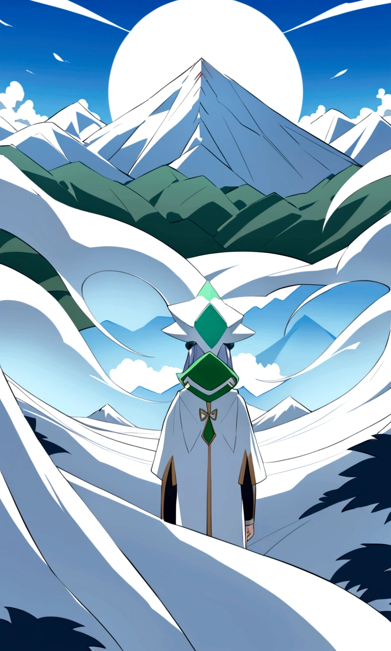 A sacred mountain,Blue, green and white,Fall,landscape,The back of the warrior,Anime style