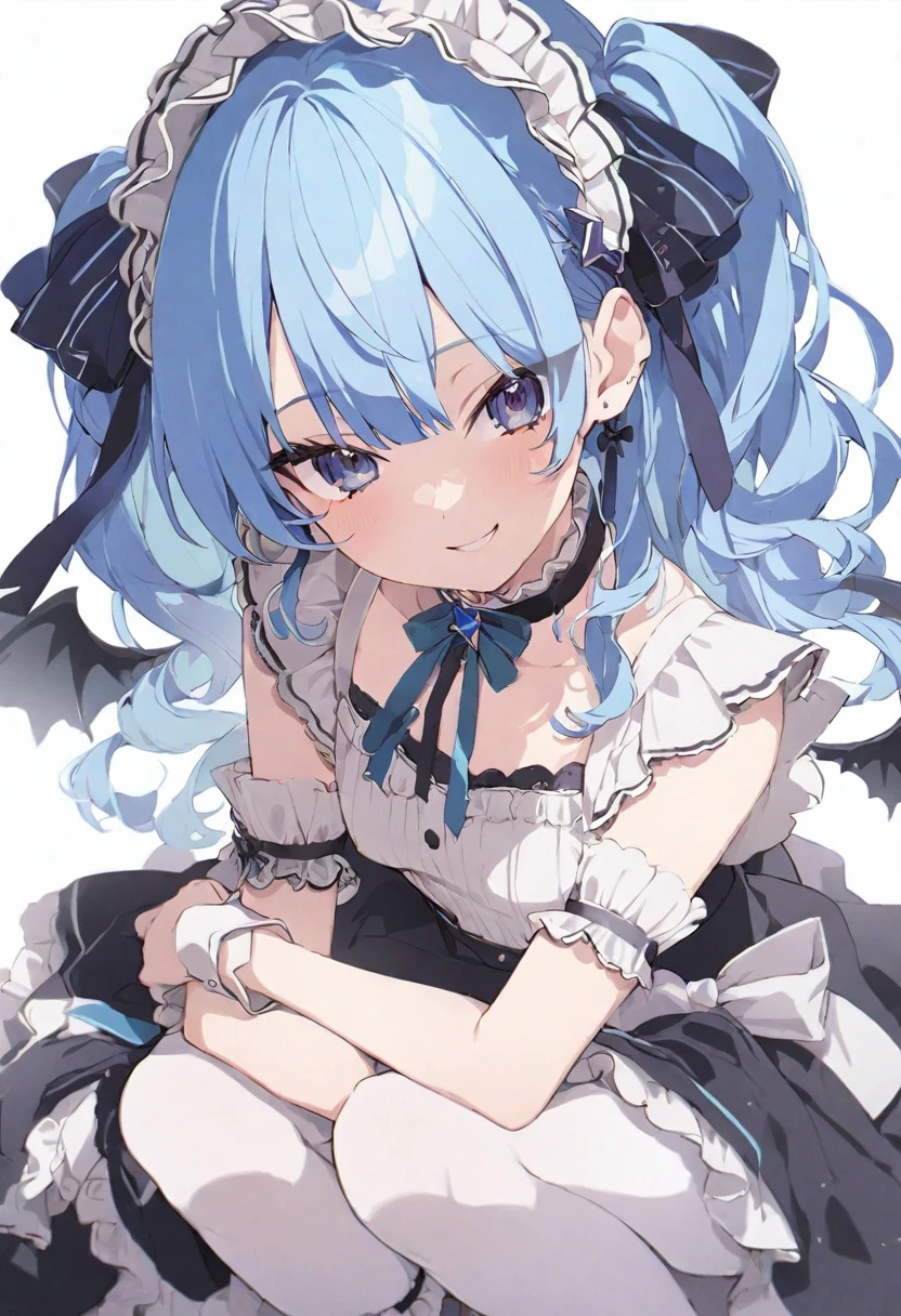 (muste piece), (best quality), very detailed eyes, expressive eyes, perfect face, very detailed face, highly detailed face, beautiful girl, 8K, beautiful girl, white background, delicate and beautiful face and eyes, dark intense shadow, 1 girl, vtuber style, cool girl, hololive, Hoshimachi Suisei, blue hair, maid uiform, small chest, clavicle, smile, white pantyhose, maid shoes, (full body), standing,