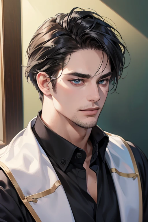 (best quality,4k,8k,highres,masterpiece:1.2),ultra-detailed,(realistic,photorealistic,photo-realistic:1.37),30 year old man,3 day beard,handsome anime,portraits,strong,masculine,dark hair,sharp jawline,mesmerizing eyes,perfectly styled hair,cool anime outfit,confident expression,vibrant colors,dynamic lighting, CEO and expression smile in love.