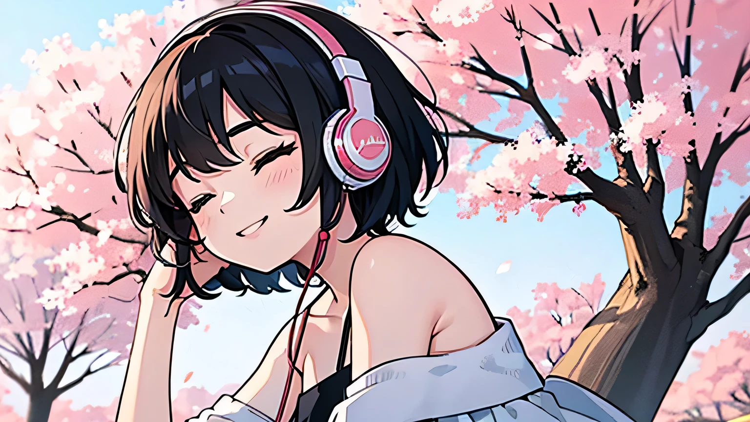 1girl, solo, gentle smile on her face flat chest, short hair, black hair, upper body, ((masterpiece, illustration, best quality)) ((best quality)), ((masterpiece)), (detailed), perfect face, sitting under the cherry blossom tree, listening to music, One woman, wearing headphones, eyes closed,