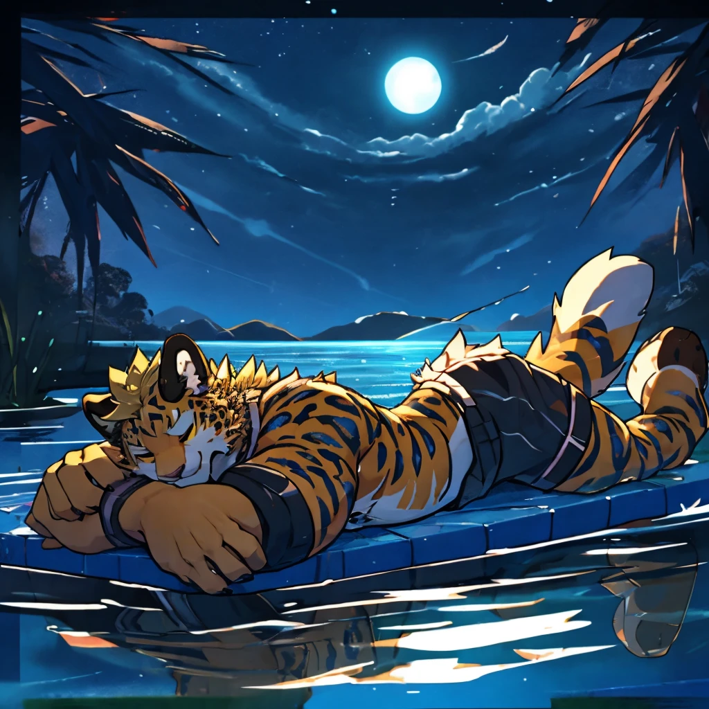 Sci-fi style，Virtual Wind，Aesthetic，Night，juvenile，Golden fur，Blonde hair，Leopard，With eyes closed，sleep，Lying on the water，Wearing fashionable short sleeves，There are water-like ripples and an electronic butterfly in the background