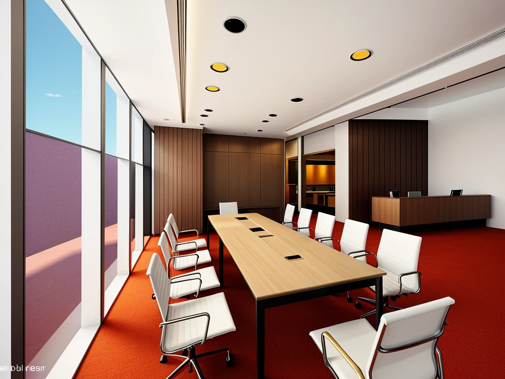 Modern style meeting room design, daylight, ceramic tile floor, WHITE WALLS, corrugated plastic walls, 1 glass wall frame 1.8, glass wall 1.2, 1 meeting table with 12 chairs, flowers on the table, flat white painted ceiling 1.2 , 2 1.8 LED rail lights, 1 table corner, sharp image, realistic light, luxurious feel, extremely detailed