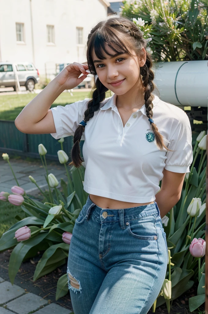 A girl with blue angel wings, a beautiful smile, holding a phone taking pictures, sunlight shining on her face, eyes looking at the boy in front, hair studded with tulips, skin as white as peeled eggs, bangs long black braided hair, wearing jeans, polo shirt, posing, surrounded by green grass with grazing cows