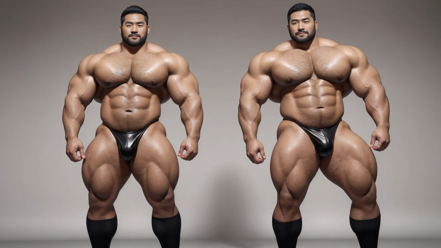 There is only one handsome Asian actor in the photo,35 years old,High target, Fitness,short hair, O-Shaped Beard,Perfect body, Dark skin color,Radiant Skin,Smooth skin,Shiny, shiny skin,Smooth pectoral muscles,No chest hair,No body hair,Muscle bulge, muscular, Very large pectoral muscles,Very sexy abdominal muscles,Very well-developed leg muscles,Huge concave and convex area,Brightens oily skin,Wearing black leather shiny thong,Handsome face, Correct and accurate male body proportions, Wear black socks,Standing in front of gray background。