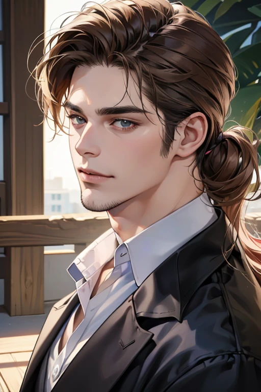 (best quality,4k,8k,highres,masterpiece:1.2),ultra-detailed,(realistic,photorealistic,photo-realistic:1.37),30 year old man,3 day beard,handsome anime,portraits,strong,masculine,brown hair,sharp jawline,mesmerizing eyes,perfectly styled hair,cool anime outfit,confident expression,vibrant colors,dynamic lighting, CEO and expression smile in love.