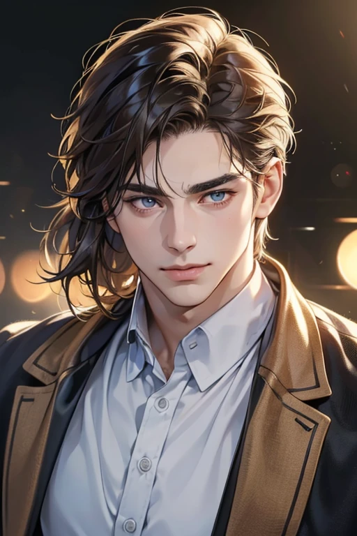 (best quality,4k,8k,highres,masterpiece:1.2),ultra-detailed,(realistic,photorealistic,photo-realistic:1.37),30 year old man,3 day beard,handsome anime,portraits,strong,masculine,brown hair,sharp jawline,mesmerizing eyes,perfectly styled hair,cool anime outfit,confident expression,vibrant colors,dynamic lighting, CEO and expression smile in love.
