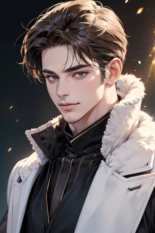 (best quality,4k,8k,highres,masterpiece:1.2),ultra-detailed,(realistic,photorealistic,photo-realistic:1.37),30 year old man,3 day beard,handsome anime,portraits,strong,masculine,brown hair,sharp jawline,mesmerizing eyes,perfectly styled hair,cool anime outfit,confident expression,vibrant colors,dynamic lighting, CEO and expression smile in love.