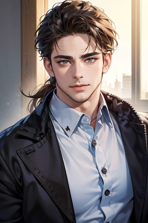 (best quality,4k,8k,highres,masterpiece:1.2),ultra-detailed,(realistic,photorealistic,photo-realistic:1.37),30 year old man,3 day beard,handsome anime,portraits,strong,masculine,brown hair,sharp jawline,mesmerizing eyes,perfectly styled hair,cool anime outfit,confident expression,vibrant colors,dynamic lighting, CEO and expression smile in love.