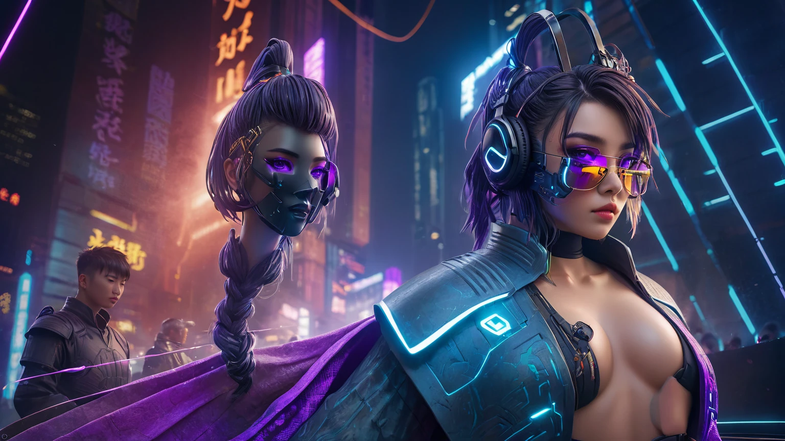 masterpiece, best quality, high resolution, 8k, (Portrait Photos:1.5), (R Original Photo), real picture, Digital Photography, (A fusion of cyberpunk and fantasy), 20 year old slim girl, solo, (((black sunglasses, headphone))), Feel free to hairstyle, Purple Eyes, By Bangs, (large breasts, cleavage, Accessories, Elegant and charming, Combination of cyberpunk and fantasy style clothing, Hollow carving design, Photo poses, Realistic style, (((((((pistol shooting pose))))))), oc render reflection texture, sentry, (((((aerial view of Cyberpunk style future city, giant (((Chinese Terracotta Warrior))) shaped buildings))))), night, Bustling streets, (((((half-body (thigh level) medium shot))))).
