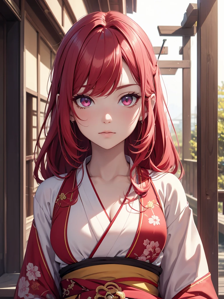 (8K, Best Quality, Masterpiece, Ultra High Resolution) 1 Girl, Beautiful Eyes, Face Details, Long Red Hair, Pink Eyes, Pale Skin, Wearing Red Kimono, Pink Details, Holding Katana Standing Outside, Best Quality, Upper Body, Looking at the Viewer, Facing Viewer, Close Up