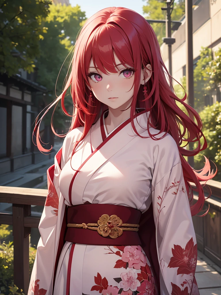 (8K, Best Quality, Masterpiece, Ultra High Resolution) 1 Girl, Beautiful Eyes, Face Details, Long Red Hair, Pink Eyes, Pale Skin, Wearing Red Kimono, Pink Details, Holding Katana Standing Outside, Best Quality, Upper Body, Looking at the Viewer, Facing Viewer, Close Up