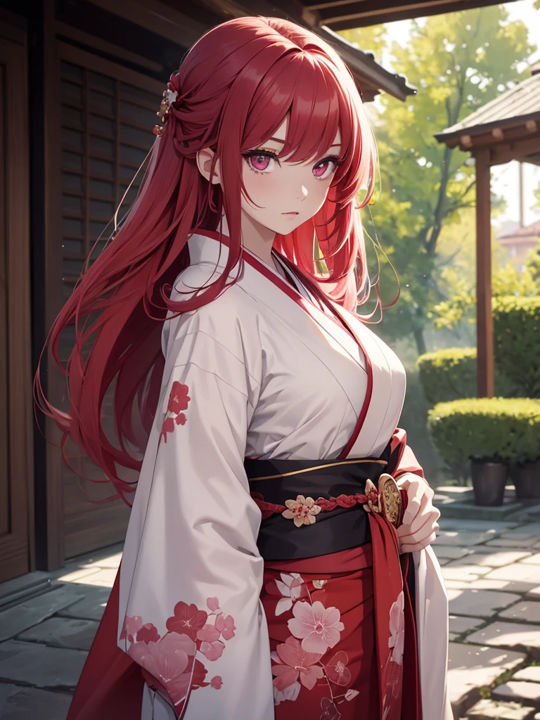 (8K, Best Quality, Masterpiece, Ultra High Resolution) 1 Girl, Beautiful Eyes, Face Details, Long Red Hair, Pink Eyes, Pale Skin, Wearing Red Kimono, Pink Details, Holding Katana Standing Outside, Best Quality, Upper Body, Looking at the Viewer, Facing Viewer, Close Up