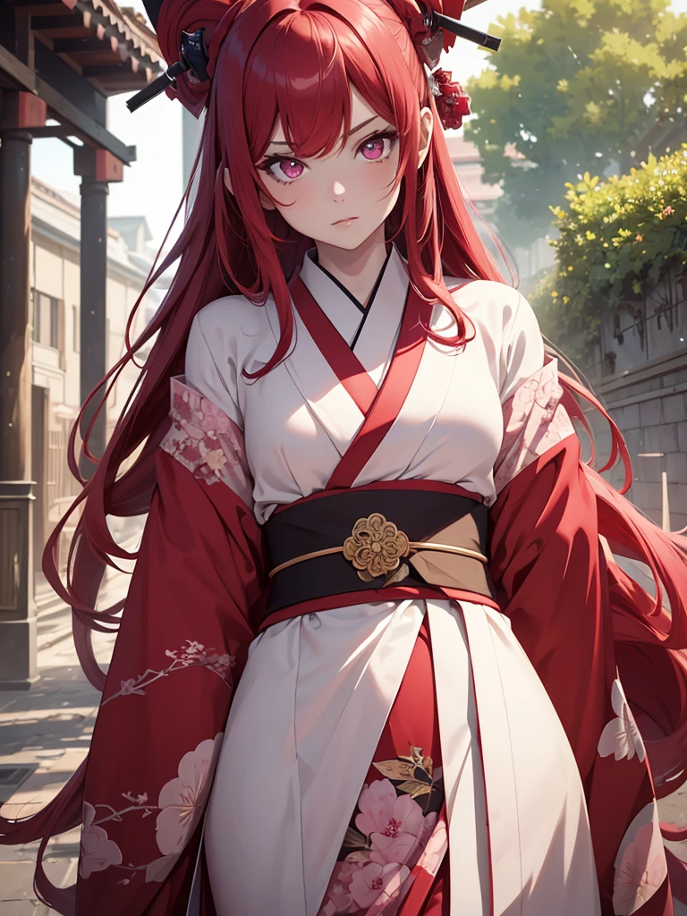(8K, Best Quality, Masterpiece, Ultra High Resolution) 1 Girl, Beautiful Eyes, Face Details, Long Red Hair, Pink Eyes, Pale Skin, Wearing Red Kimono, Pink Details, Holding Katana Standing Outside, Best Quality, Upper Body, Looking at the Viewer, Facing Viewer, Close Up