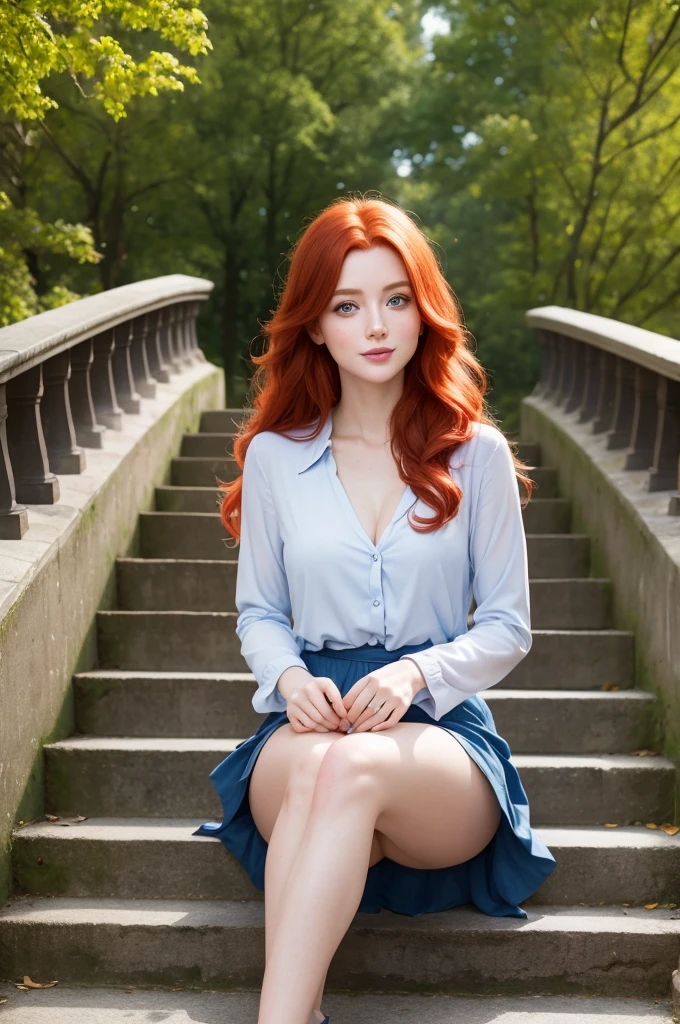 Redhead 26 years old, slight dark circles, dimples on the face, face not very symmetrical,blue colored eyes, very real face ,sitting on a staircase in the park blowing a kiss to the camera