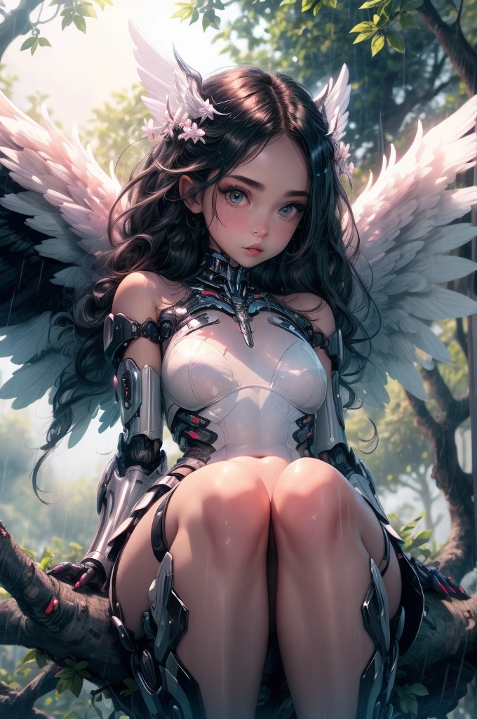  close up of a anime angel sitting on a tree branch in the rain, angelic wings on her back, epic angel wings, ross tran 8 k, ross tran style, angel girl, dark angel, fallen angel, super wide angel, inspired by Ross Tran, angelic, beautiful cyborg angel girl, by Ross Tran, angel with black wings, massive angel wings, wide angel, angel