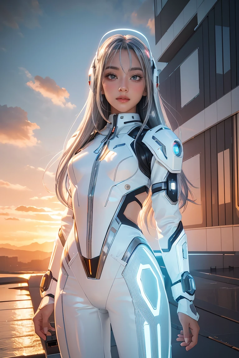 ((masterpiece, best quality, extremely detailed), volumetric lighting, ambient occlusion, colorful, glowing), 
1girl, solo, young girl, (silver hair), long hair, halo, aura, sacred, goddess, cyber suit, (white outfit:1.3), 
outdoors, sunset, sky, clouds, space, (cyberpunk theme:1.2),