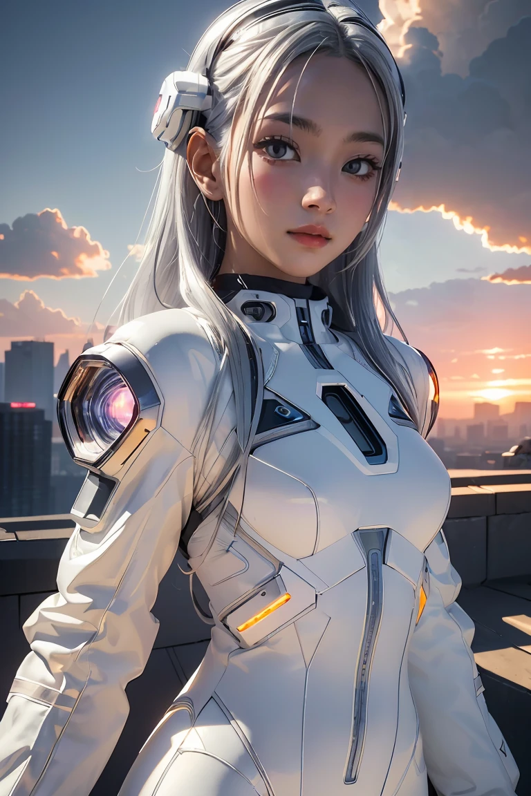 ((masterpiece, best quality, extremely detailed), volumetric lighting, ambient occlusion, colorful, glowing), 
1girl, solo, young girl, (silver hair), long hair, halo, aura, sacred, goddess, cyber suit, (white outfit:1.3), 
outdoors, sunset, sky, clouds, space, (cyberpunk theme:1.2),