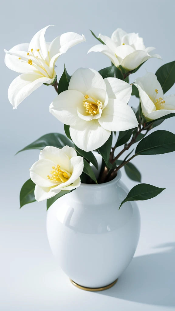 Gardenia，Buds about to bloom，dew，A white vase，Ultra-clear，Light background