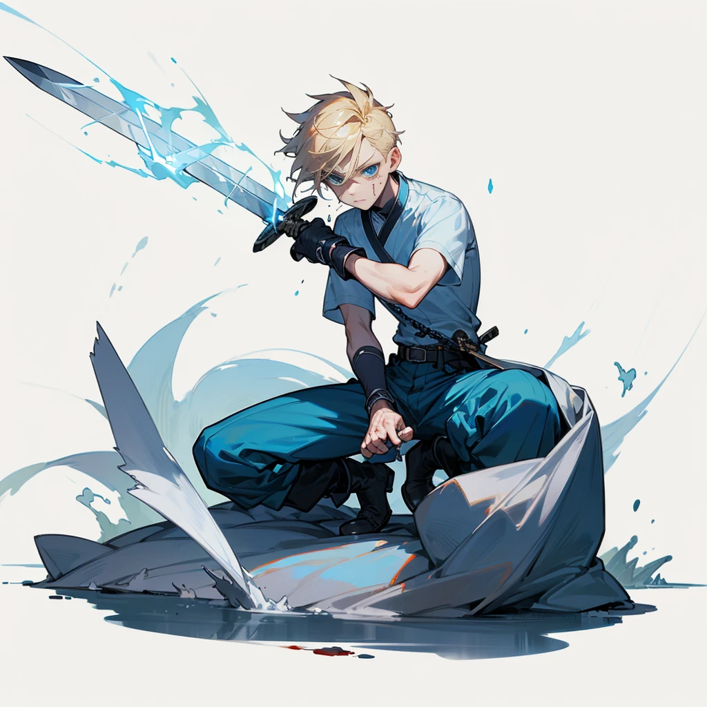 1character, Full body version, Viking boys, 1boys, albino skins, blue eyes, faux hawk hair, blonde colour hair, blue short sleeve shirt, blue trousers, boots, His clothes were full of blood, his face was flowing with blood, his hands were bleeding, he had wounds, his face was bleeding, his body was bleeding, ((long sword in hand, in a fighting pose, the long sword emits blue light, lightning flashes in the blade)), Grassroots, full background in a wide field, gusts of wind, the silhouette of moonlight, the moon, at night, the stars in the night sky
