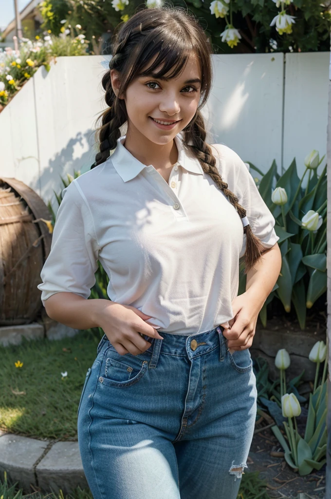 A girl with blue angel wings, a beautiful smile, holding a phone taking pictures, sunlight shining on her face, eyes looking at the boy in front, hair studded with tulips, skin as white as peeled eggs, bangs long black braided hair, wearing jeans, polo shirt, posing, surrounded by green grass with grazing cows