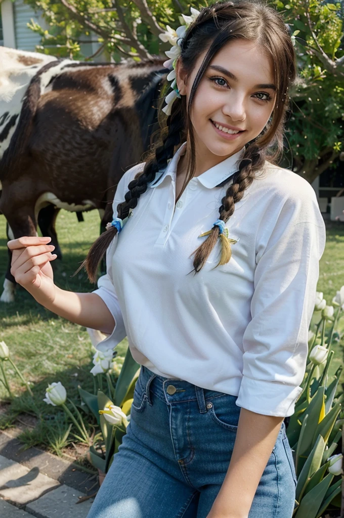 A girl with blue angel wings, a beautiful smile, holding a phone taking pictures, sunlight shining on her face, eyes looking at the boy in front, hair studded with tulips, skin as white as peeled eggs, bangs long black braided hair, wearing jeans, polo shirt, posing, surrounded by green grass with grazing cows