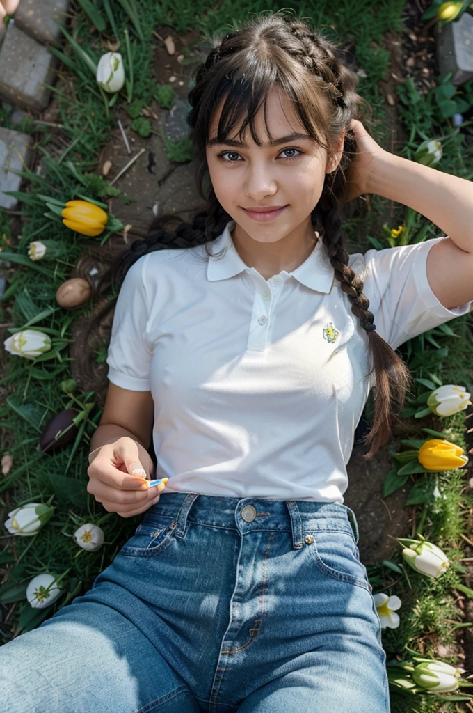 A girl with blue angel wings, a beautiful smile, holding a phone taking pictures, sunlight shining on her face, eyes looking at the boy in front, hair studded with tulips, skin as white as peeled eggs, bangs long black braided hair, wearing jeans, polo shirt, posing, surrounded by green grass with grazing cows