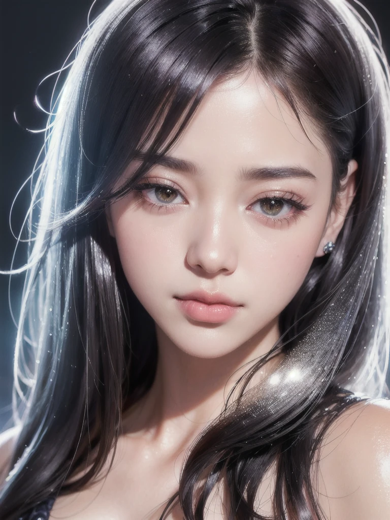 (8K, RAW Photos, Realistic:1.25) ,( Lip gloss, eyelash, Shiny surface, Shiny skin, Highest quality, Ultra-high resolution, Depth of written boundary, chromatic aberration, Caustics, Wide lighting, Natural Shading,K-Pop Idols) She gazes upon the viewer with a calm, goddess-like happiness.,