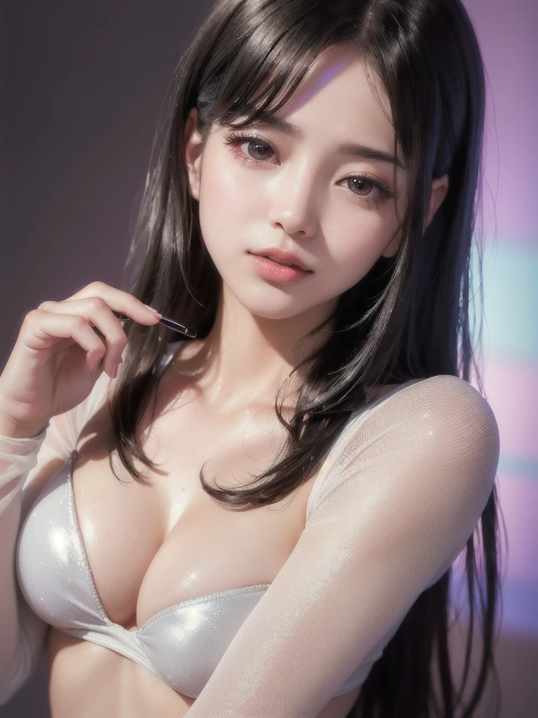 (8K, RAW Photos, Realistic:1.25) ,( Lip gloss, eyelash, Shiny surface, Shiny skin, Highest quality, Ultra-high resolution, Depth of written boundary, chromatic aberration, Caustics, Wide lighting, Natural Shading,K-Pop Idols) She gazes upon the viewer with a calm, goddess-like happiness.,