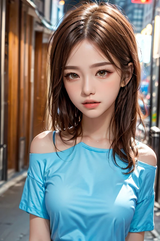 Wear your hat at an angle、Oversized T-shirt、Red checked mini skirt、Knee-high boots、Highest quality, masterpiece, Ultra-high resolution, (Realistic:1.4), RAW Photos, One Girl, Off the shoulder, In the Dark, Deep Shadow, Moderate, Night Alley, short hair, roadside,walk, 20-year-old,Cute face, Tight shirt,(head shot:1.5)