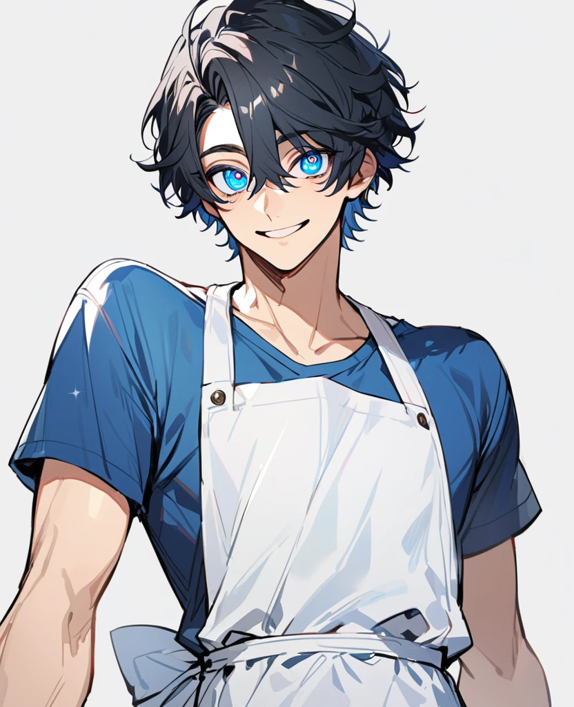 handsome, solo, 1 male, modern,Perfect face, extra detailed eyes,(black hair),(sparkling blue eyes),simple background,look kind,blue t-shirt simple white apron,smiling