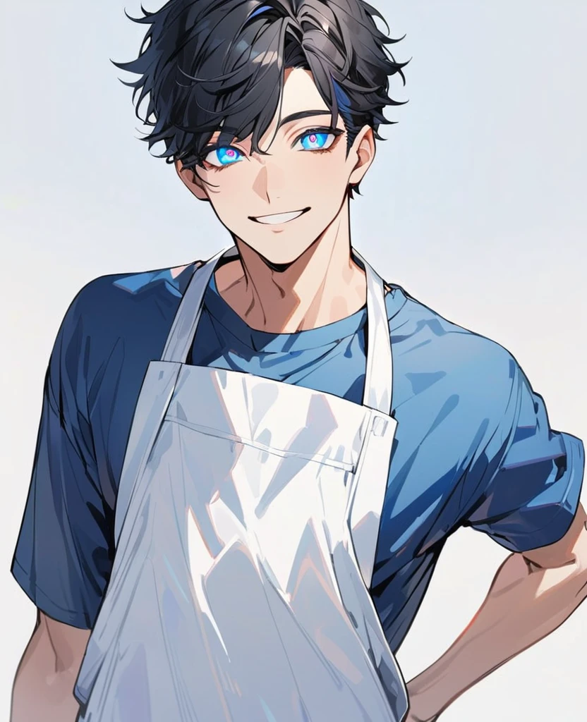 handsome, solo, 1 male, modern，Perfect face, extra detailed eyes，(black hair)，(sparkling blue eyes)，simple background，look kind，blue t-shirt simple white apron，smiling