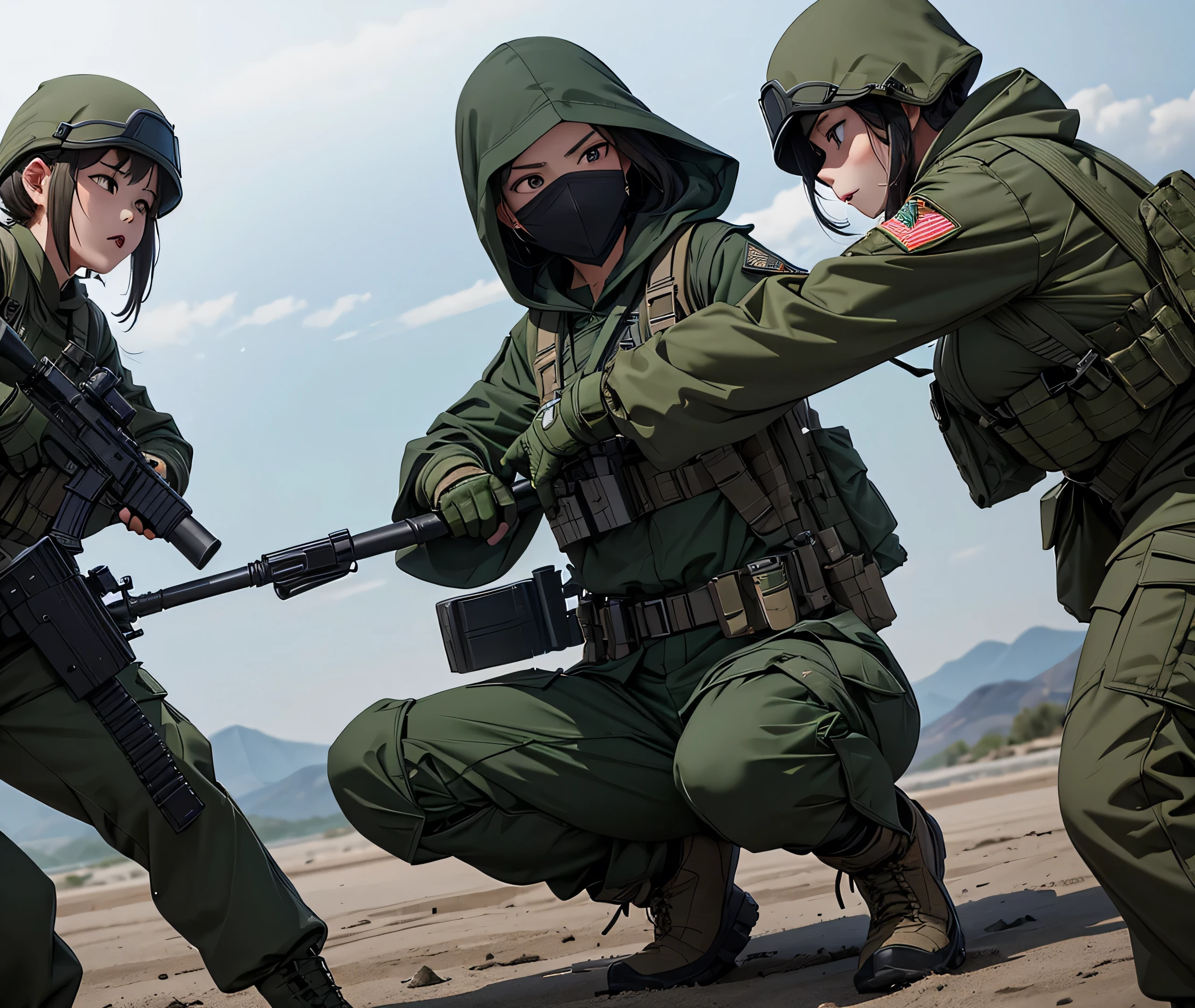 First-person shot、A group of female soldiers attacking each other、Wearing dark green M-51 hooded military uniform、Hooded on head、Dark green military pants，Wearing a magazine pouch、Tactical harness、Knee pads、best quality、Highly detailed CG、8K picture quality