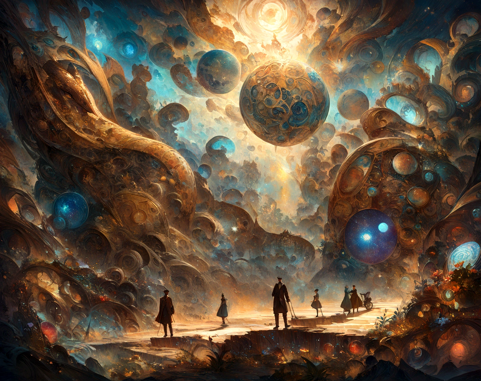 steampunk painting, ((unification of man, neural networks and wildlife)), in a bizarre mystical landscape, works by Breton, Carrington, Dahl, Ernst, Feeney, Magritte, Oppenheim and Picasso, complex details, oil on canvas, award-winning, masterpiece, romanticism, D&D, fantasy, trending on artstation, 4K, 8K, covered with a complex and bright cosmic pattern. The pattern should include swirling galaxies, bright nebulae, the general atmosphere should evoke the feeling of an endless universe, the combination of a bicycle and artificial intelligence, meeting with modern technologies in a harmonious combination.
