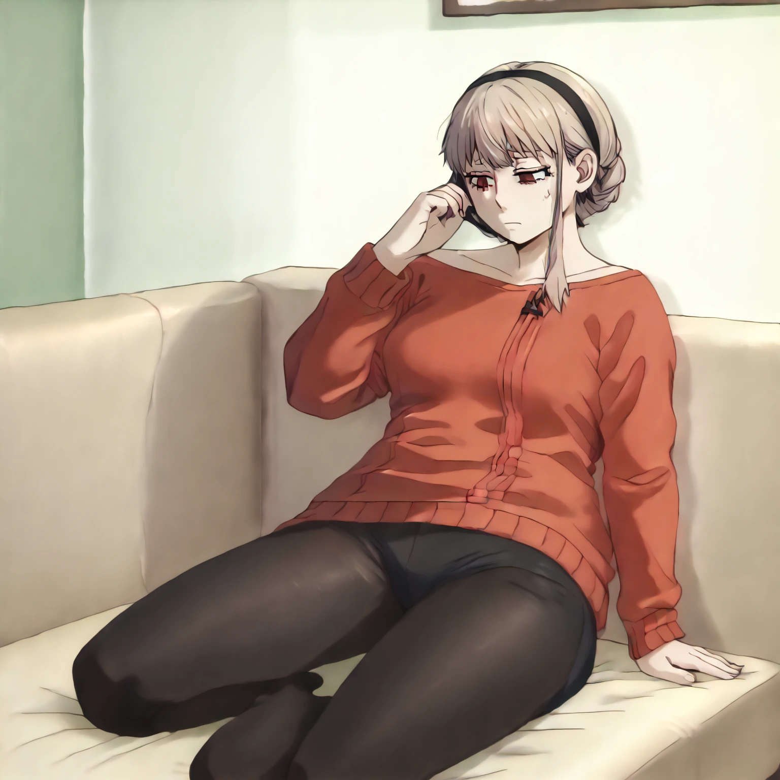 looking at viewer, ((rear view)), solo, YorForger,1girl,((nude)),((full belly)),((no panties)),((very drunk)),((staggers)),((very agitated)),black hair,red eyes,short hair with long locks, white hairband, off shoulder,red sweater, black pantyhose,((slumped)), ((on a sofa)), ((drank too much)), ((exhausted)),