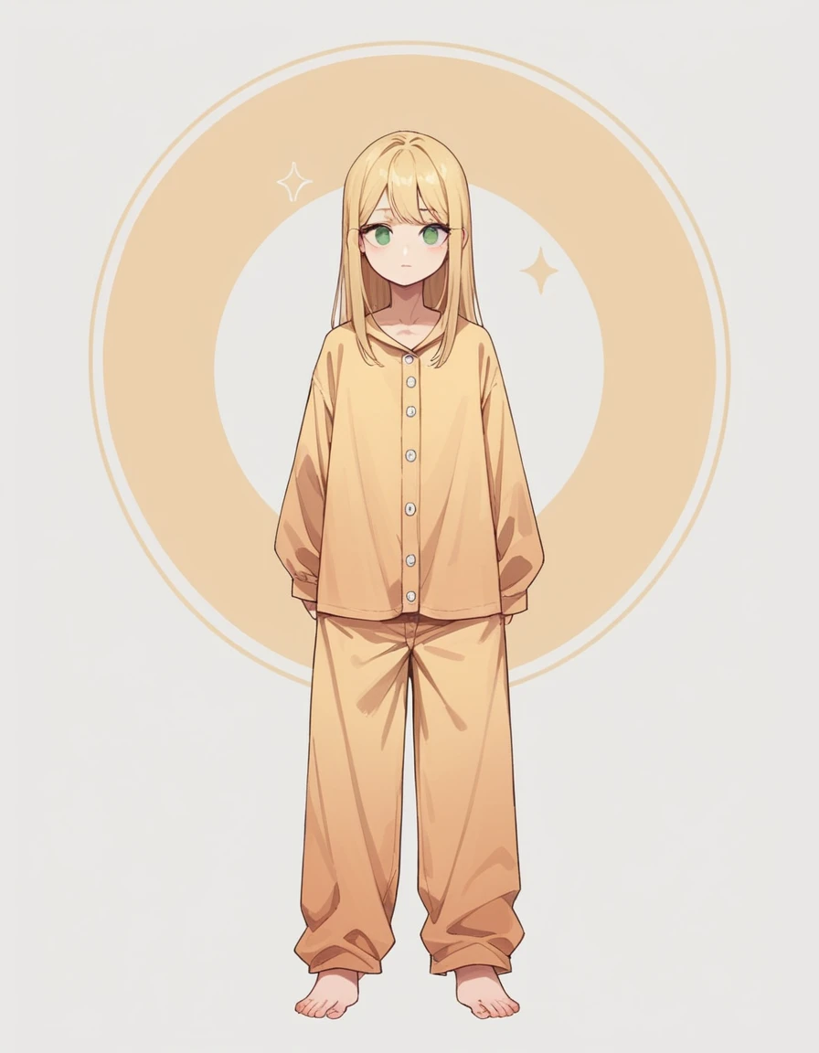 A beautiful, extremely detailed and dynamic girl with stinking green eyes, and Medium-long blonde hair with bangs, grinning, wearing a pajama, standing against a simple, plain white background with thick outlines, full body portrait, facing forward, looks like she's playing a game