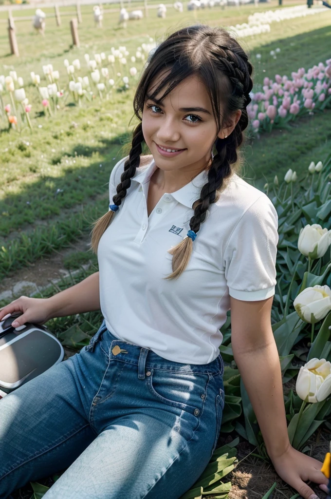 A girl with blue angel wings, a beautiful smile, holding a phone taking pictures, sunlight shining on her face, eyes looking at the boy in front, hair studded with tulips, skin as white as peeled eggs, bangs long black braided hair, wearing jeans, polo shirt, posing, surrounded by green grass with grazing cows