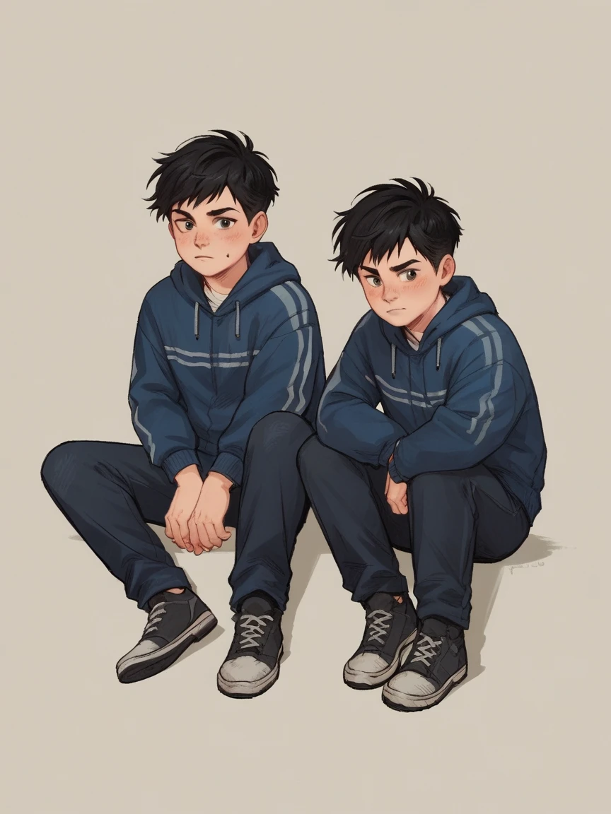 score_9, score_8_up, score_7_up, score_6_up, score_5_up, score_4_up, wh33z13, 2 kid boys, twins, white skin, dark black hair and eyes, simple background, red and blue jacket