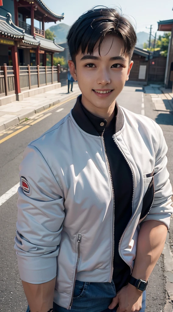 Masterpiece, best quality best, 1 young man, Asian man, East Asian people, one person, The muscles are in good proportion., Posing obscenely, short hair details，smile, white teeth, jacket set, road background, Realistic style，photography，Can be seen from the front, see viewers