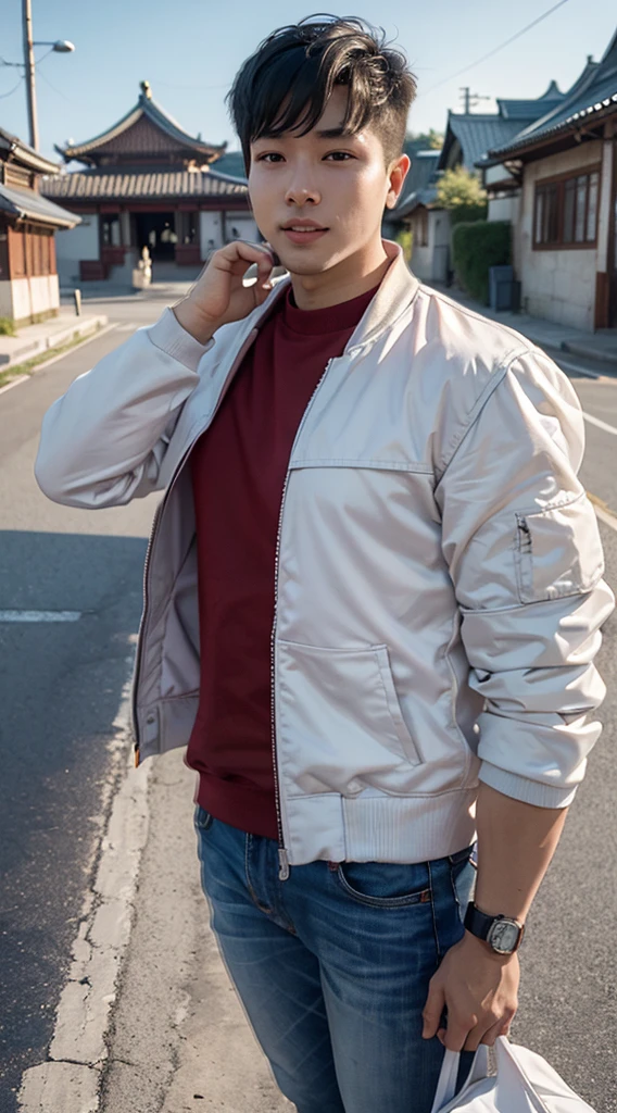 Masterpiece, best quality best, ung man, Asian man, East Asian people, one person, The muscles are in good proportion., Posing obscenely, short hair details,smile, white teeth, jacket set, road background, Realistic style,photography,Can be seen from the front, see viewers